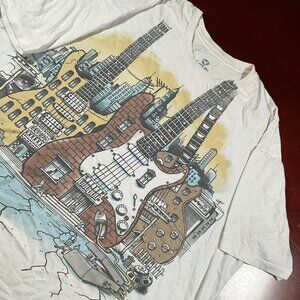 Y2K Style Mens Liquid Blue "Guitar City" Streetwear Graphic T-Shirt (XLarge)